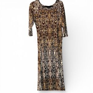 Nina Leonard Patterned Long Sleeve Dress in Black, Brown, and Cream